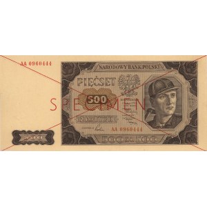 500 złotych 1.07.1948, seria AA 0960444, SPECIMEN, Miłc...