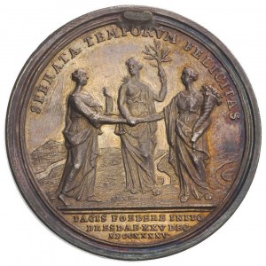 pokój drezdeński- medal autorstwa Vestnera 1745 r., Aw:...
