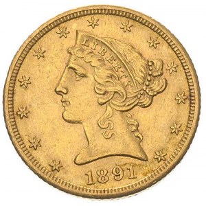 5 dolarów 1891/CC, Carson City, Fr. 146, złoto, 8.33 g,...
