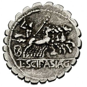 L. Scipio Asiagenus ok. 106 pne, denar serratus, Aw: Gł...