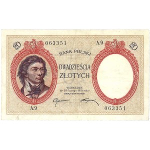 20 złotych 28.02.1919, Seria A.9 063351, Miłczak 51a, b...
