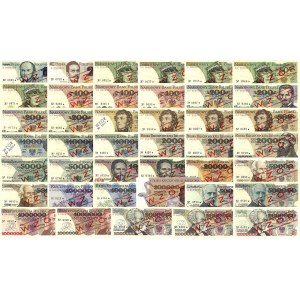 komplet wzorów banknotów od 10 zł do 2.000.000 zł, Miłc...