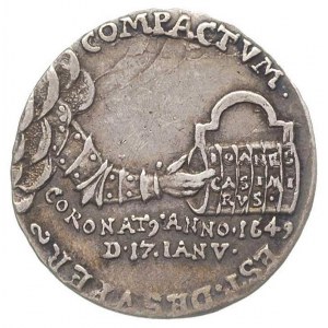 Jan Kazimierz- żeton koronacyjny 1649, Aw: Zbrojna ręka...
