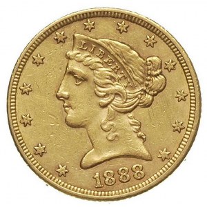5 dolarów 1888, Filadelfia, Fr. 143, złoto 8.34 g, wybi...