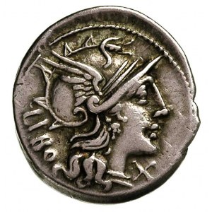 Q. Marcius Libo 148 pne, denar, Aw: Głowa Romy w hełmie...