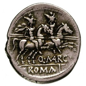 Q. Marcius Libo 148 pne, denar, Aw: Głowa Romy w hełmie...
