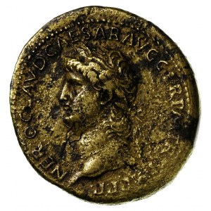 Neron 54-68, sestercja 66 r, Lugdunum, Aw: Głowa Nerona...