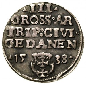 trojak 1538, Gdańsk, na awersie końcówka napisu PRVS, c...