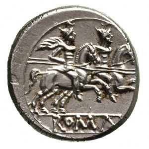 anonim po 211 pne, denar, Rzym, Aw: Głowa Romy w hełmie...