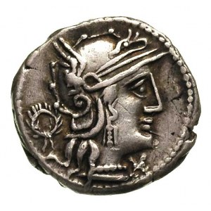 L. Opimius 131 pne, denar, Rzym, Aw: Głowa Romy w hełmi...