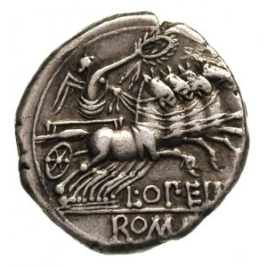 L. Opimius 131 pne, denar, Rzym, Aw: Głowa Romy w hełmi...