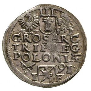 trojak 1591, Poznań, mała głowa króla, na awersie napis...