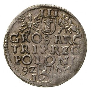 trojak 1592, Poznań, mała głowa króla, na rewersie napi...
