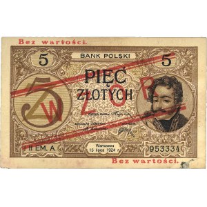 5 złotych 15.07.1924, II EM. A, WZÓR, bez perforacji, M...