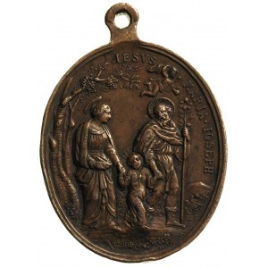 medal religijny z uszkiem, Aw: Trzy postacie i napis od...