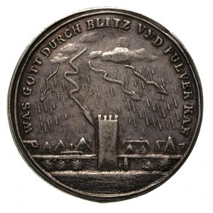 medal 1749, Aw: Widok miasta w burzy i piorun uderzając...