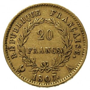 20 franków 1807 A, Paryż, Gadoury 1023, Fr. 487a, złoto...