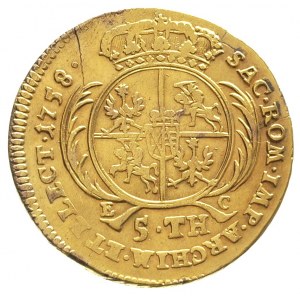 5 talarów 1758, Lipsk, złoto 6.45 g, Kaleniecki s 505, ...