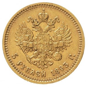 5 rubli 1893, Petersburg, złoto 6.44 g, Bitkin 39, rzad...