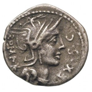M. Sergius Silus, 116-115 pne, denar, Aw: Głowa Romy w ...