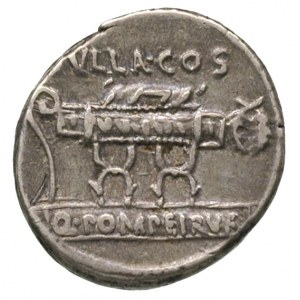 Q. Pompeius Rufus 54 pne, denar, Aw: Krzesło kurulne, p...