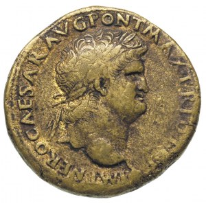 Neron 54-58, sestercja 66, Lugdunum, Aw: Popiersie cesa...