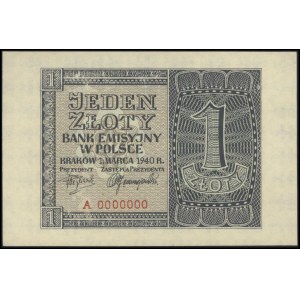 1 złoty 1.03.1940, seria A 0000000, Miłczak 91, na stro...