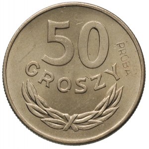 50 groszy 1949, Warszawa, na rewersie wklęsły napis PRÓ...