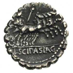 L. Scipio Asiaticus, denar serratus 106 pne, Aw: Głowa ...