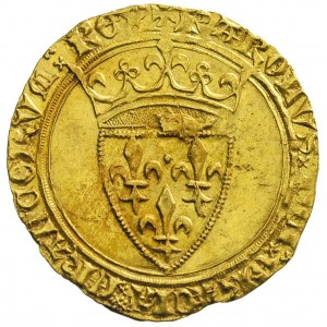 Karol VI 1380-1422, ecu d’or, Aw: Ukoronowana tarcza z ...