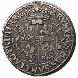 talar 1586, Nagybanya, Aw: Półpostać króla i napis w ot...