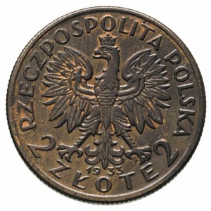 2 złote 1933, Głowa Kobiety, na rewersie wypukły napis ...