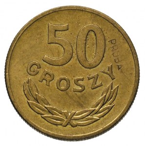 50 groszy 1949, na rewersie wklęsły napis PRÓBA, mosiąd...