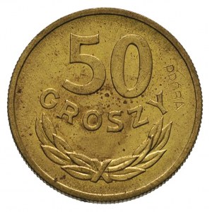 50 groszy 1957, na rewersie wklęsły napis PRÓBA, mosiąd...