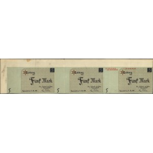 5 marek 15.05.1940, trzy nierozcięte banknoty z numerac...