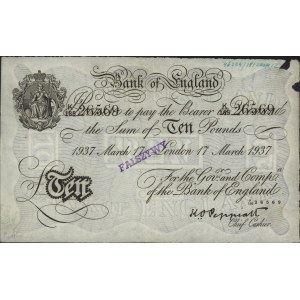10 funtów 17.03.1937, seria K185 26569, fałszerstwo nie...
