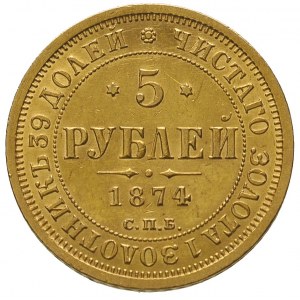 5 rubli 1874 HI, Petersburg, złoto 6.56 g, Bitkin 22, m...