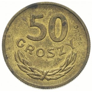 50 groszy 1957, na rewersie wklęsły napis PRÓBA, mosiąd...