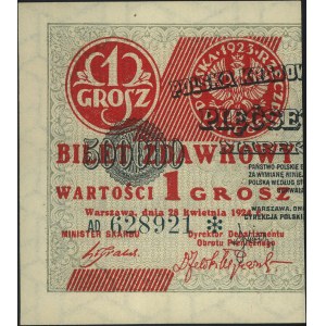 1 grosz 28.04.1924, lewa połówka, seria AD, numeracja 6...