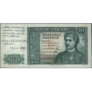 10 złotych 15.08.1939, seria A 000000, I wersja banknot...