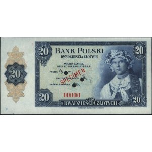 20 złotych 20.08.1939, WZÓR, trzykrotnie perforowany, b...