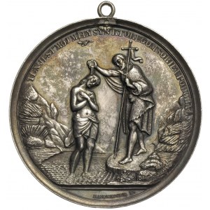 medal chrzcielny sygnowany J HERKNER F, Aw: Scena chrzt...