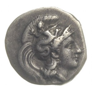 drachma ok. 302-280 pne, Aw: Głowa Ateny w hełmie udeko...