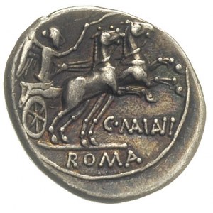 denar 153 pne, Rzym, Aw: Głowa Romy w hełmie w prawo, z...