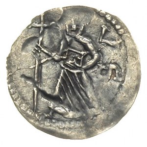 denar ok. 1173-1190, Aw: Biskup z krzyżem, obok litery ...