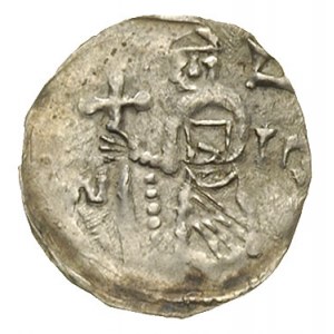 denar ok. 1173-1190, Aw: Biskup z krzyżem, obok litery ...
