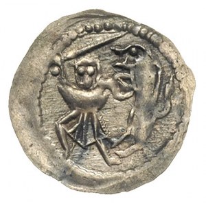 denar jednostronny ok. 1173-1190;  Rycerz walczący z lw...