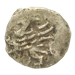 denar XIV/XV w., Aw: Na tle krzyża okrąg z kulką w środ...