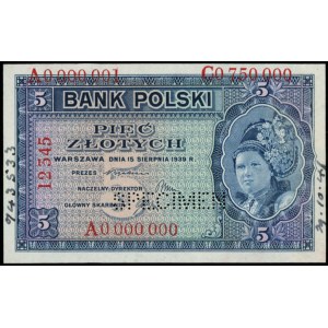 5 złotych 15.08.1939, WZÓR, wielokrotna numeracja: A 00...