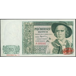 50 złotych 15.08.1939, SPECIMEN, seria A 000000, dodatk...